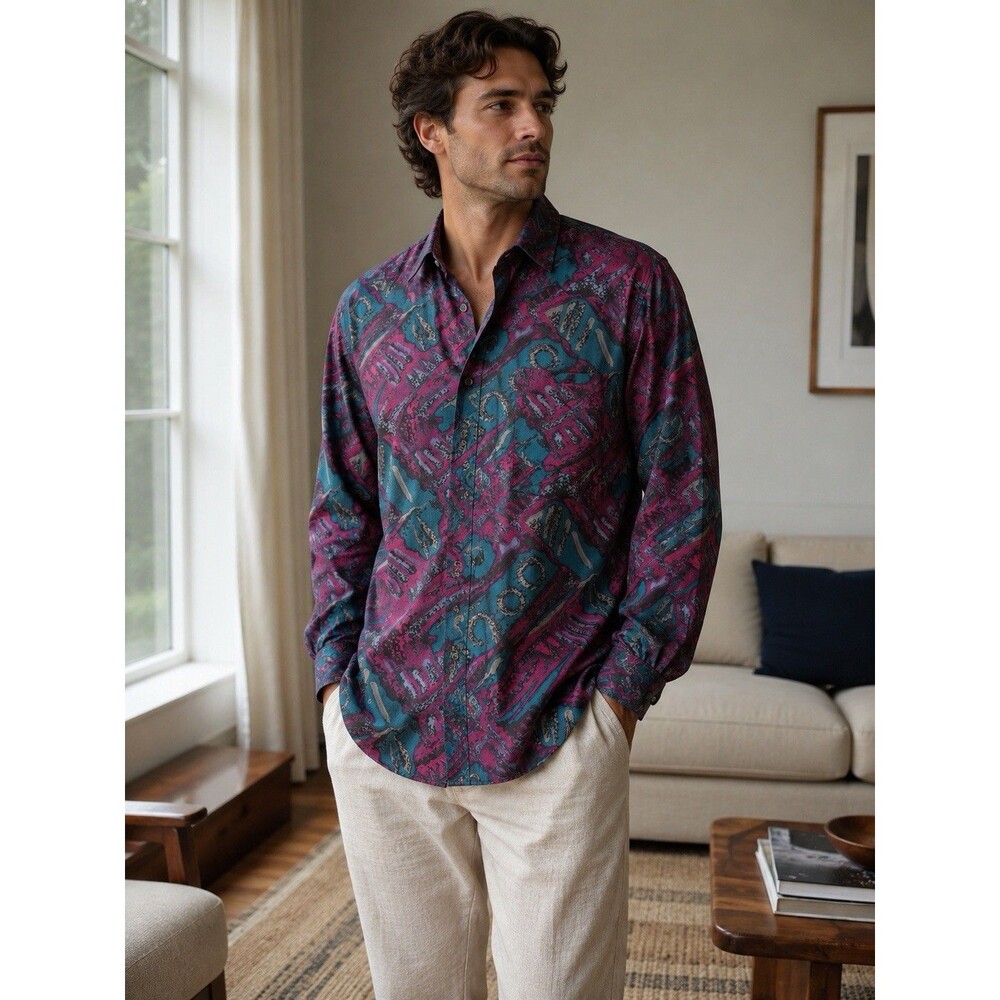 Vintage MY SILK 100% Pure Silk Shirt M Abstract Art Print Button Up 90s Pocket